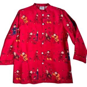 Vintage Chicos Mandarin Collar Chinese Novelty Red Silk Tunic Shirt Top Size 1 M